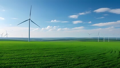 Sustainable wind turbines in a vibrant green field promoting renewable energy for a cleaner, eco-friendly future