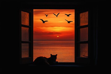 A cat lounges by an open window, observing birds soaring against a vibrant sunset over the calm ocean water