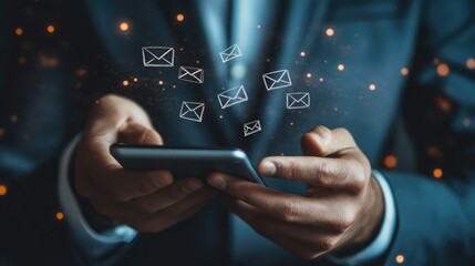 Close-up of a businessman's hands holding a smartphone with email icons hovering above.