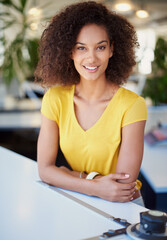 Poster - Portrait, designer and woman in office, smile and drafting table for architecture, creative and professional. Confident, proud and person with desk for drawing, development and real estate in Brazil