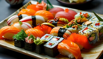 Wall Mural - Gourmet Sushi Extravaganza with Colorful Nigiri, Elegant Rolls, and Fresh Garnishes