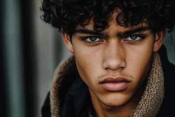 A young man gazes intensely at the camera, showcasing his curly hair and striking eyes in an urban setting