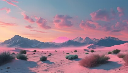 Wall Mural - Dreamy Pink Desert Landscape with Majestic Mountains and Lush Bushes at Sunrise