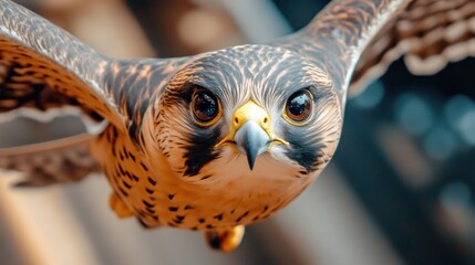 Poster - A close up of a bird with yellow eyes flying in the air, AI