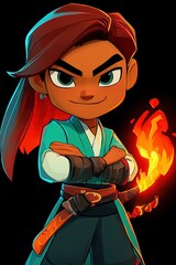 Poster - Cartoon illustration of a young man with a determined expression, holding a flaming sword