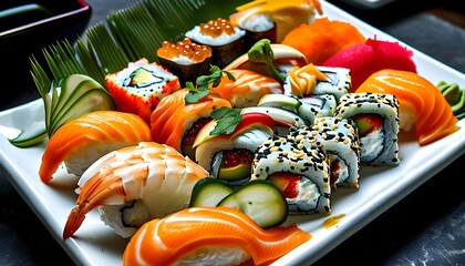 Canvas Print - Gourmet sushi platter showcasing fresh nigiri, sushi rolls, and vibrant garnishes of ginger, wasabi, and cucumber slices