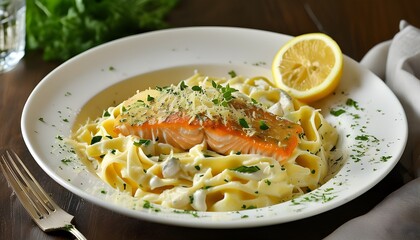 Wall Mural - Fettuccine Alfredo crowned with succulent salmon, vibrant fresh herbs, garnished with zesty lemon slices, and elegantly accompanied by a fork and napkin