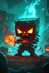 Poster - Fiery Cube Monster Holding a Hammer