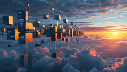 Wall Mural - Futuristic digital cloud computing concept showcasing floating data blocks in a serene sky at sunrise symbolizing growth and technology advancement.