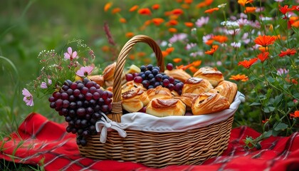 Charming picnic scene featuring a basket of fresh pastries and fruits on a red blanket surrounded by vibrant flowers in a lush garden