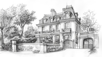 Wall Mural - Hand drawn sketch of a French style mansion.