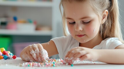 Wall Mural - A little girl playing with sprinkles on a table, AI