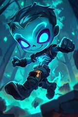 Sticker - Glowing Chibi Boy Running Through Forest