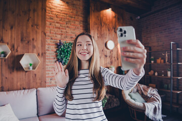 Wall Mural - Portrait of nice young girl smart phone make selfie arm wave wear pullover modern loft interior flat indoors