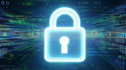 Poster - A glowing digital lock is centered against a backdrop of flowing binary code, representing vital cybersecurity concepts like data protection and encryption in technology.