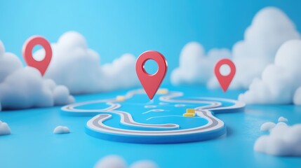 Wall Mural - 3D rendering of red location pins on a map with white clouds on a blue background.