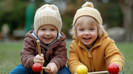 Canvas Print - Two little kids playing with a ball and stick on the grass, AI