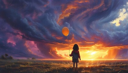 Sticker - Child with Balloons Facing Dramatic Fantasy Storm at Sunset, Surreal Illustration Evoking Imagination and Adventure