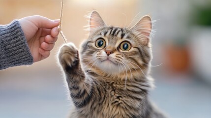 Poster - A cat playing with a string being held by someone, AI