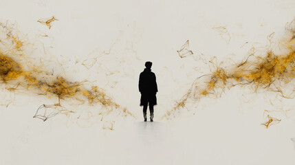 Wall Mural - Man standing amidst golden swirling energy, journey to the afterlife