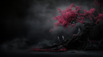 Wall Mural - Ethereal red tree with ghostly figures in fog, mystical journey to the afterlife