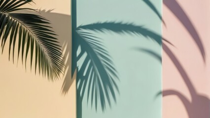 Wall Mural - A vibrant wall featuring pastel colors with palm shadows creating a tropical, artistic atmosphere.