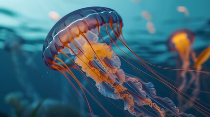 Wall Mural - Close-up of a jellyfish with bioluminescent glow, floating effortlessly in the ocean's depths, capturing the delicate and ethereal nature of its movement