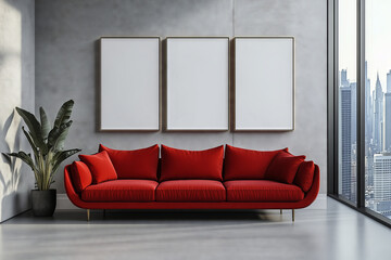 A cozy modern living room featuring a vibrant red sofa and three blank canvases against a sleek urban backdrop