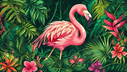 Vibrant Tropical Scene with Pink Flamingo Amidst Lush Green Leaves and Colorful Jungle Flowers