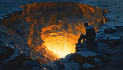 Wall Mural - Descent into a Luminous Abyss: A Surreal Exploration of Despair, Loneliness, and the Thrills of the Unknown at Night