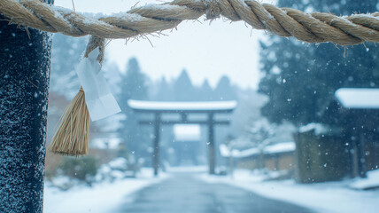 正月のしめ縄が飾られた雪の中の鳥居