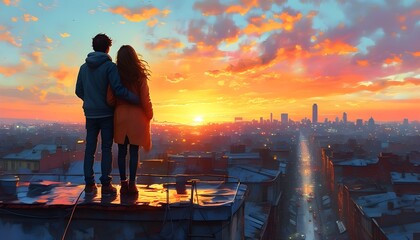 Wall Mural - Romantic Rooftop View of Young Couple Admiring Vibrant Cityscape at Sunset in a Captivating Digital Art Illustration