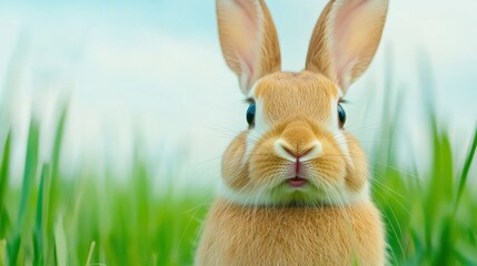 Canvas Print - A close up of a rabbit sitting in the grass with its eyes open, AI