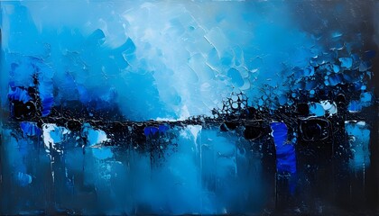 Wall Mural - Dynamic blue, black, and white abstract expressionism conveying emotion and depth in a striking visual composition