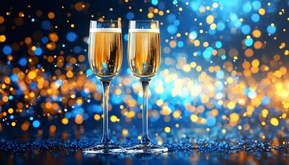 Wall Mural - Champagne glasses amidst shimmering blue and gold bokeh lights