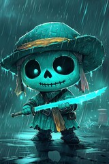 Sticker - Skeleton Samurai in the Rain