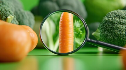 Poster - A magnifying glass over a carrot and broccoli on green background, AI