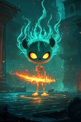 Poster - Fiery Demon with Sword in a Dark and Glowing City