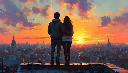 Wall Mural - Romantic Rooftop View of Young Couple Admiring Vibrant Cityscape at Sunset in a Captivating Digital Art Illustration