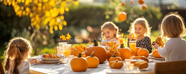 Children gathered at an outdoor garden table, sharing a nourishing meal