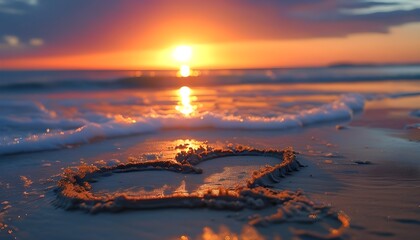 Wall Mural - Heart-Shaped Hands Framing a Romantic Sunset on the Beach, Symbolizing Love and Serenity at Dusk