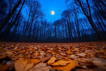 Wall Mural - A full moon illuminating an autumn forest, casting eerie shadows among the bare trees and fallen leaves