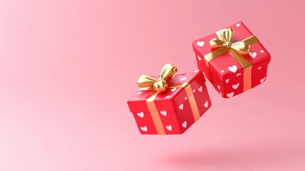 Poster - Two red gift boxes with gold bows and white hearts floating against a pink background.