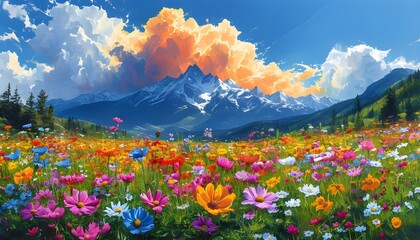 Wall Mural - Vibrant flower field beneath majestic clouds in a mountain landscape, showcasing the beauty of colorful springtime nature