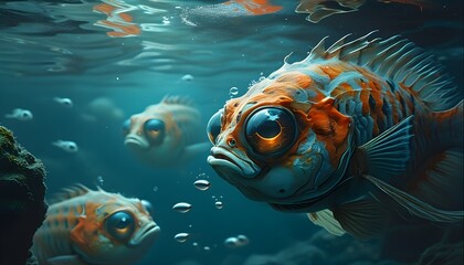 Wall Mural - Mysterious Underwater Eye Surrounded by Fish School Reflecting the Depths of a Surreal Aquatic Fantasy