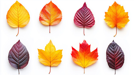 Poster - A collection of autumn leaves are shown in various colors, including red, yellow, and brown. The leaves are arranged in a row, with some overlapping and others standing alone