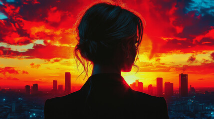 Wall Mural - Woman looking out at city sunset