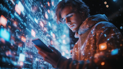 Poster - Portrait of Caucasian Man Using Smartphone in Metaverse With Animated Stream Of Interfaces With Social Media, e-Commerce Shopping, Internet Influencers