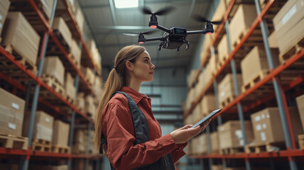 Poster - A woman is flying a drone in a warehouse. She is wearing a red shirt and a grey jacket