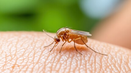 Poster - A mosquito is sitting on a persons arm with green leaves in the background, AI